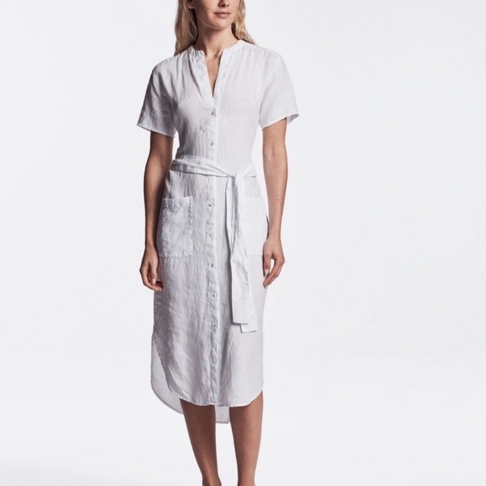 James Perse White Linen Button-Front Midi Dress